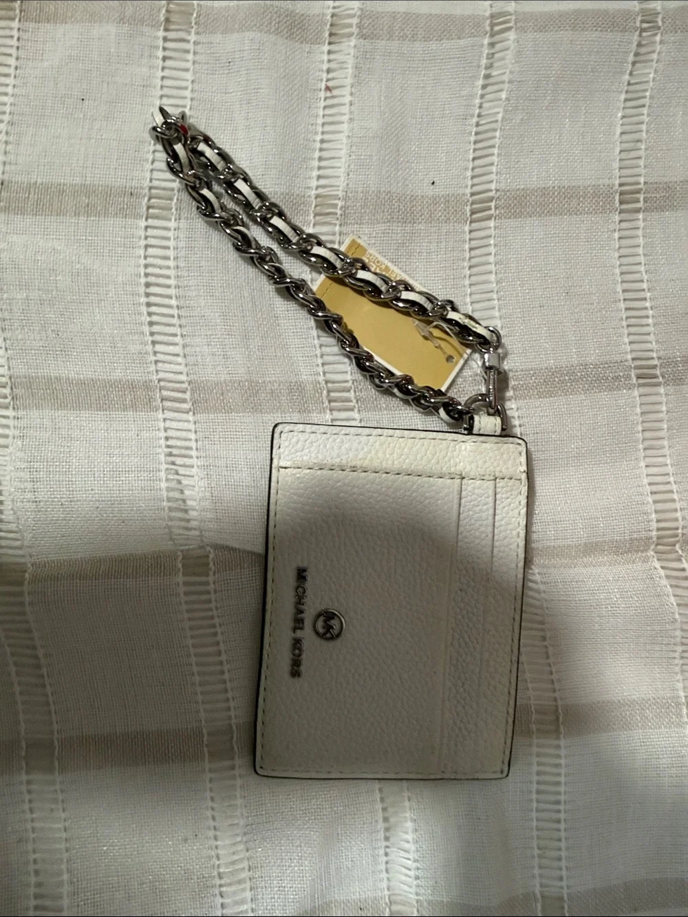 Michael Kors Cream Leather Card Holder with Silver Chain